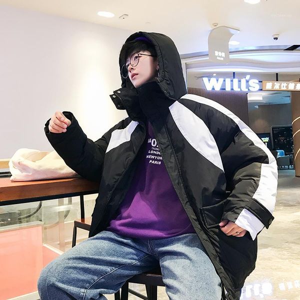 

winter thick jacket men's warm fashion parka men hit color hooded coat man streetwear wild loose cotton jacket male clothes1, Black