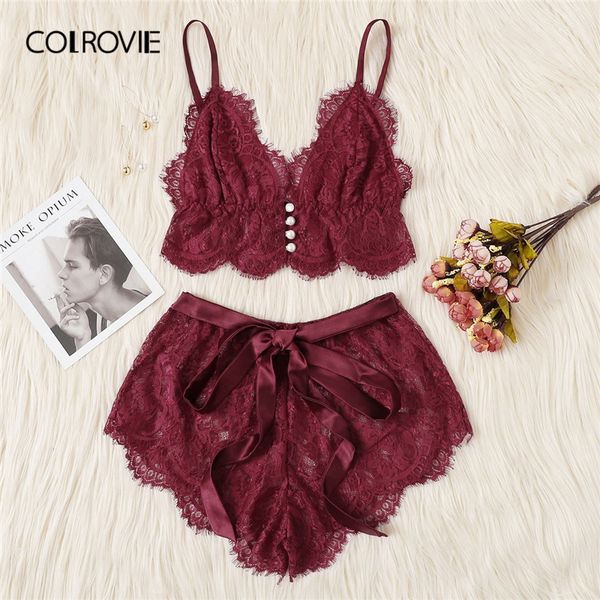 COLROVIE Borgogna Nastro Smerlato Pizzo Floreale Sexy Intimo Donne Lingerie 2019 Moda Bralette Biancheria Intima Set Reggiseno Y200708