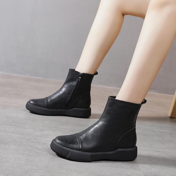 

tilocow women spring boots genuine leather ladies slip on winter shoes for women solid casual warm short plush botas de mujer, Black