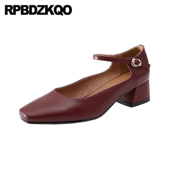 

dress shoes block autumn size 33 ladies wine red 4 34 pumps italian genuine leather medium heels 2021 square toe luxury women thick, Black