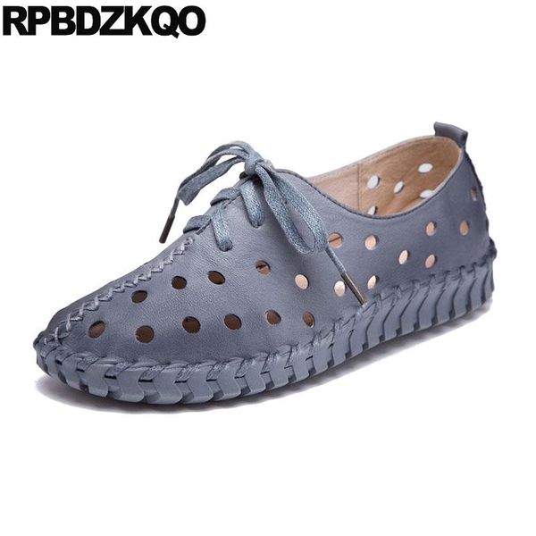 

hollow out genuine leather driving lace up traditional chinese shoes breathable handmade 2020 grey sandals large size ethnic, Black