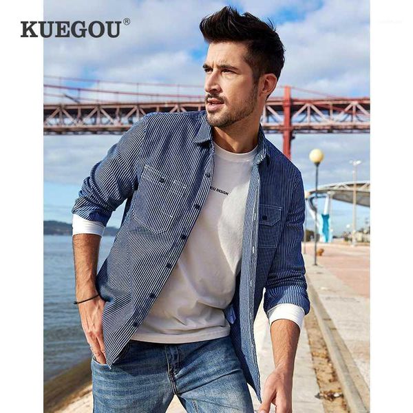 

kuegou 2020 spring cotton striped black shirt men dress button casual slim fit long sleeve for male brand clothes plus size 61161, White;black