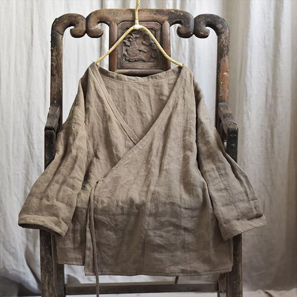 

women shirt autumn spring cotton linen original long sleeve v neck solid color vintage coat loose women yoyikamomo, White