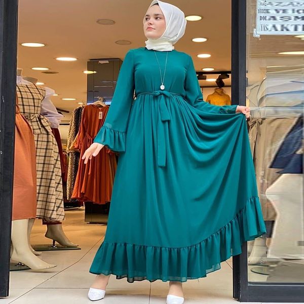 

siskakia fresh bell sleeve chiffon long dress elegant solid muslim women's o neck long sleeve empire pleated swing maxi dresses lj20120, Black;gray