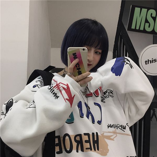 

retro-hip-hop 2021 new graffiti card printout velvet sweater tide hdo6, Black