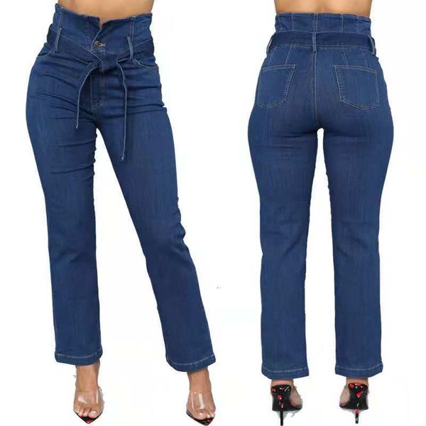 

2019 new high waist elastic trim straight jeans + bandage, Blue