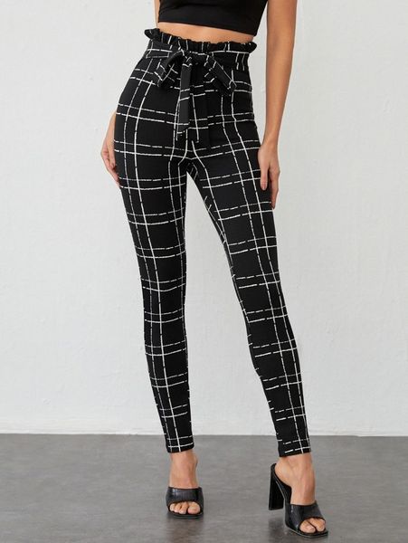 

paperbag waist belted plaid pants e0yj#, Black;white