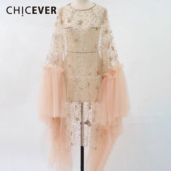 

chicever summer patchwork sequins mesh perspective women coat o neck ruffles hem slim female long pullover clothing 2019 new1, Tan;black
