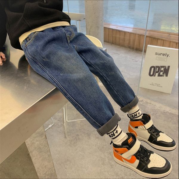 

new 2020 boy's winter velvet thickened jeans children's stylish label loose comfortable warm denim pants 100-160cm q1219, Blue