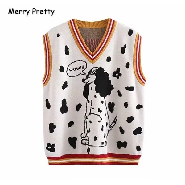 

merry pretty women's cartoon dog embroidery knitted sweaters sleeveless vest winter warm v-neck female jumpers pullovers 201202, White;black