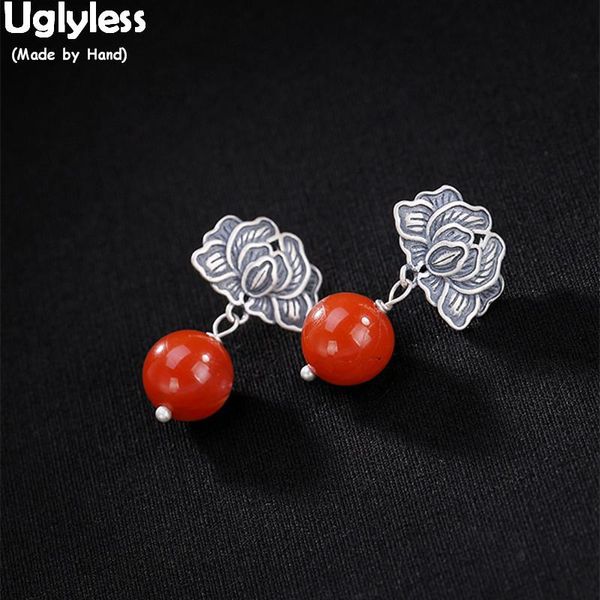 

uglyless 100% genuine solid 925 silver lotus earrings for women handmade thai silver fine jewelry agate ball dangle earrings