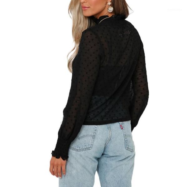 

fashion women polka dot sheer see-through long puff sleeve blouse shirts1, White