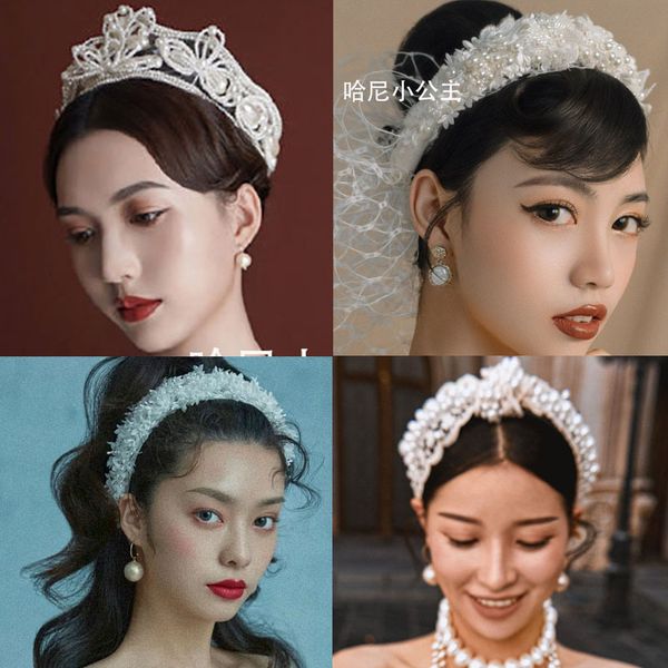 

pearl crystal band show style korean version of versatile hair accessories bridal crown white gauze pgraphy head jewelry, Silver