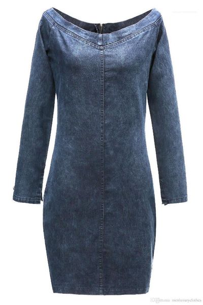 

dresses women denim blue jean dress slash neck long sleeved designer zipper bodycon, Black;gray