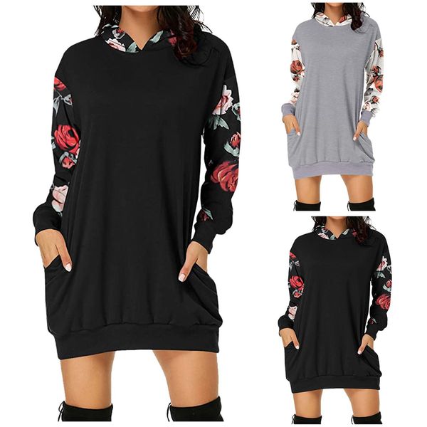 

women fashion sweatshirt dress valentine's day print vintage pockets loose jumper pullover winter cotton hooded sweatshirts h1211, White;black