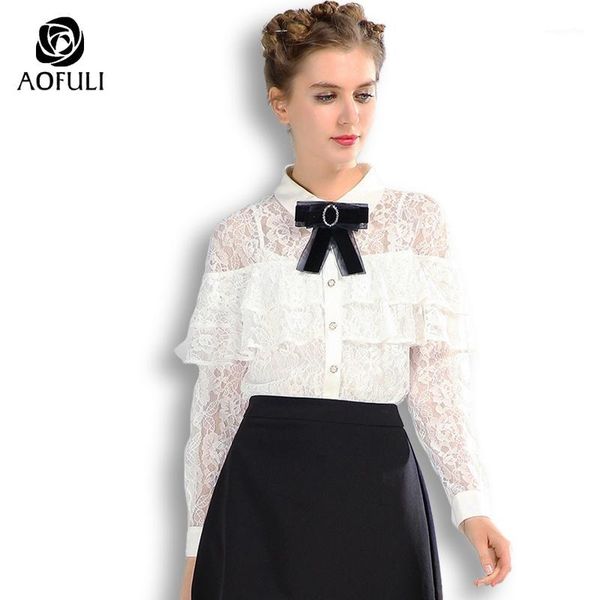 

aofuli s- xxxl 4xl 5xl ladies cloak style ruffles lace blouse shirt long sleeve white spring plus size women apparel 10151