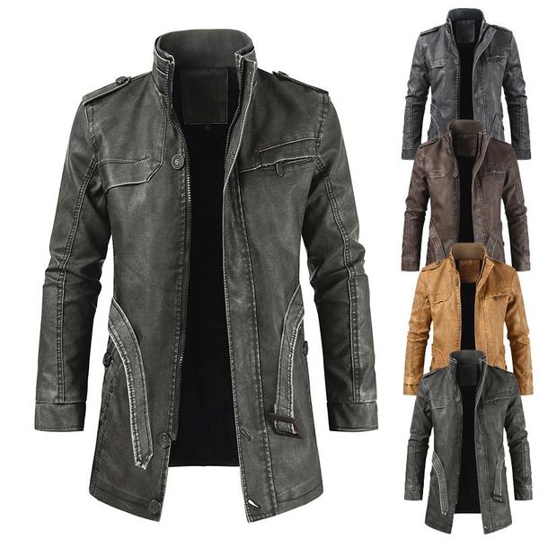 

men coat autumn winter new arrival 2021 stand collar men's mid-length leather jacket, Black
