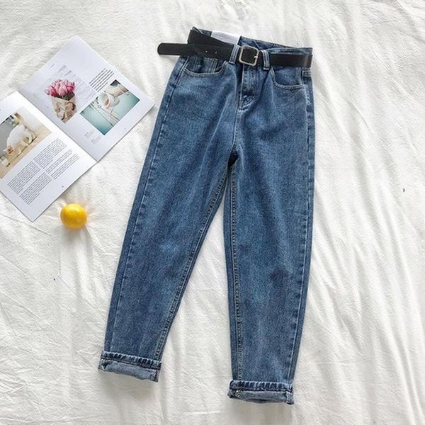 

korean high waist jeans women solid belt harem pants loose casual plus size high street denim trousers pantalon femme with belt, Blue