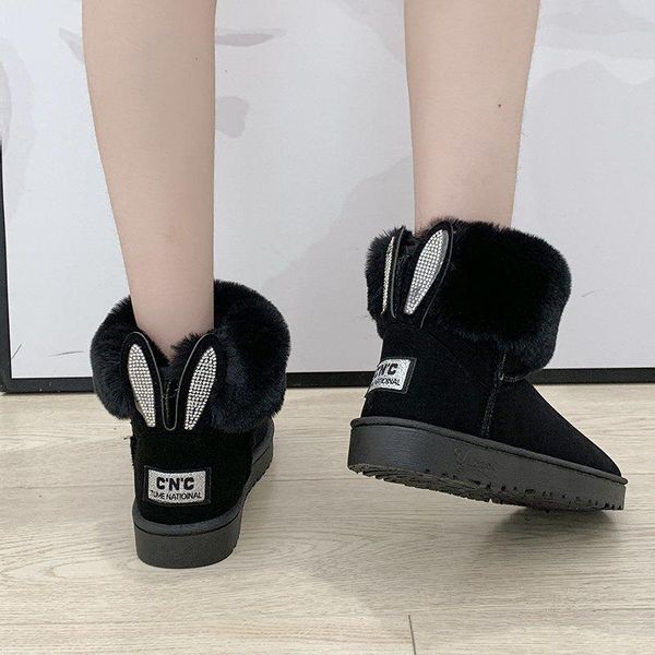 

ankle boots for women flock winter flat rhinestone bootie ears lovely shoes womens warm thicken casual female snow boot, Black