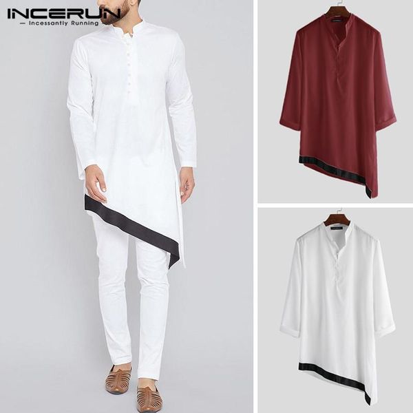 

incerun clothing men irregular shirt patchwork long sleeve stand collar retro long shirt men muslim clothing 2020 s-5xl, White;black