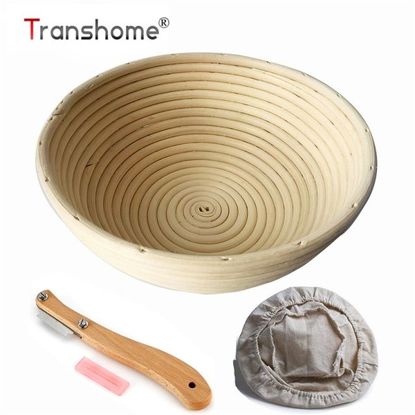 Transhome 3 pcs redondo banneton cesta de pão de pão à prova de rattan com tampa Stedough cesta pão arco curvado faca cortador y200618