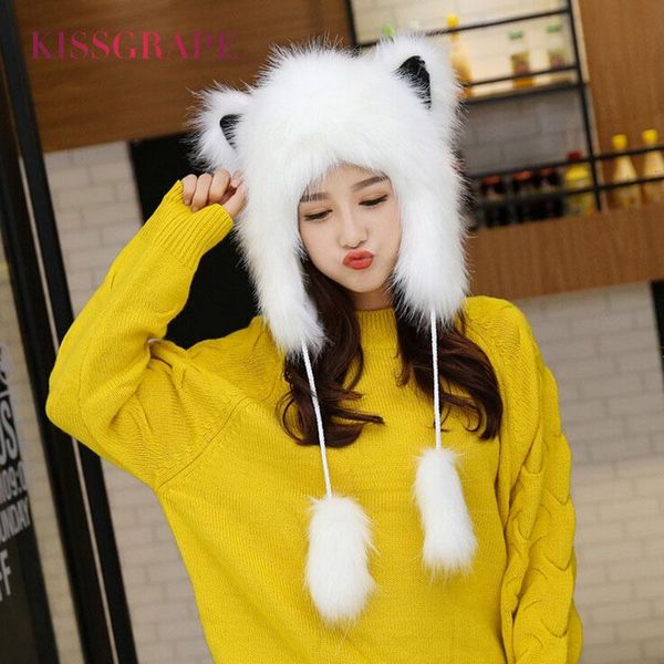 

2020 winter women's warm caps fur hats with ears female kids girls cartoon festival novelty caps beanies soft lovely hats, Blue;gray