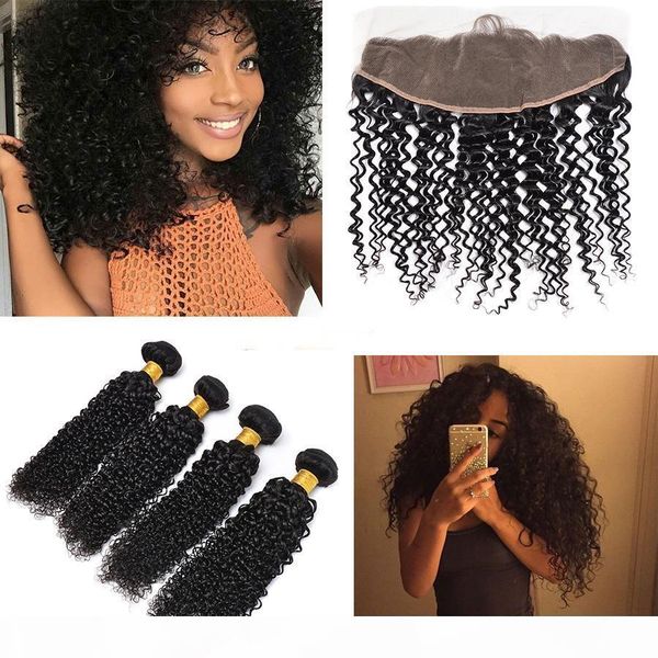 

3+1 brazilian virgin hair 13x4 ear to ear kinky curly virgin hair lace frontal closure with bundles 8a grade human hair 4pcs lot, Black;brown
