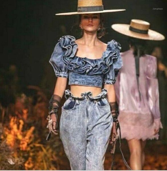 

women designer inspired ruffle denim jeans crop blouse layered ruffled lanterns sleeves short summer shirts a2821, White