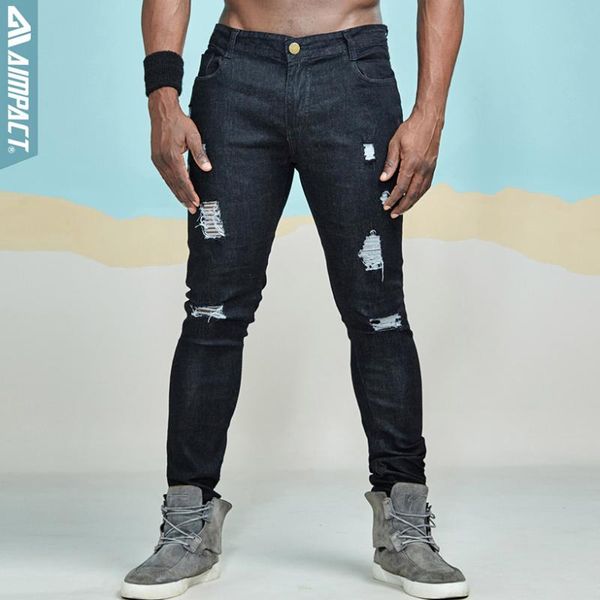 

aimpact men's jeans slim fit ripped jeans hi-street distressed denim joggers knee holes washed destroyed skinny am5034, Blue