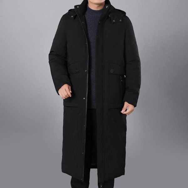 

men black puffer parkas winter warm thick basic coat hood detachable quilted jacket male thermal knee length padded overcoat 4xl