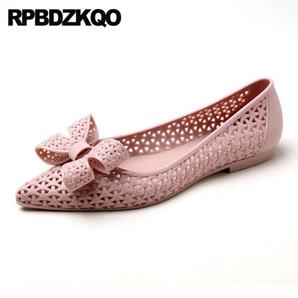 

drop shipping cute sandals jelly breathable bow women pointed toe pink purple slip on hollow out ladies beautiful flats shoes, Black
