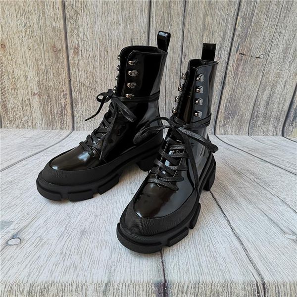 

дамы boots zapatos de mujer круглый toe женская обувь толстым дном botas mujer узелок женщины обувь металл mid теленок boots, Black