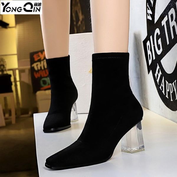 

european fashion simple crystal transparent high heel boots suede short boots, Black