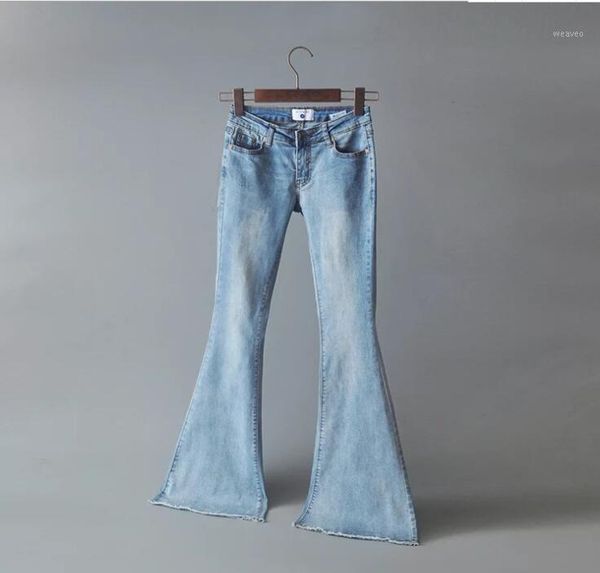 

2018 spring and autumn women's new high waist trousers stretch slim fashion trumpet jeans woman female wide leg pants1, Blue