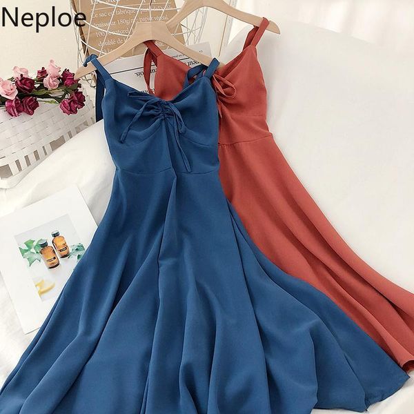 

neploe 2020 new korean solid basic sling dress bow tie v neck sleeveless women dresses chiffon a-line vestidos de fiesta 4a7241, Black;gray