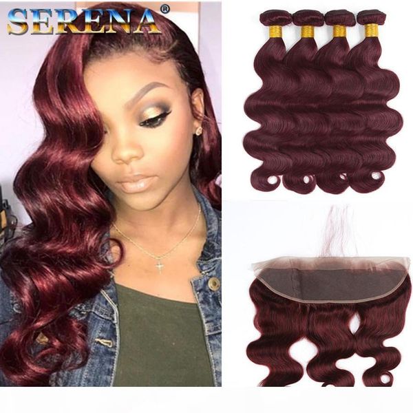 

burgundy brazilian body wave virgin human hair weave bundles wine red 99j bundles with frontal hair extensions double wefts with baby hair, Black;brown