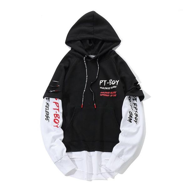 

men's hip hop sweatshirts fashion extended ripped printed hoodies fake two pieces pullover sportwear for male1, Black
