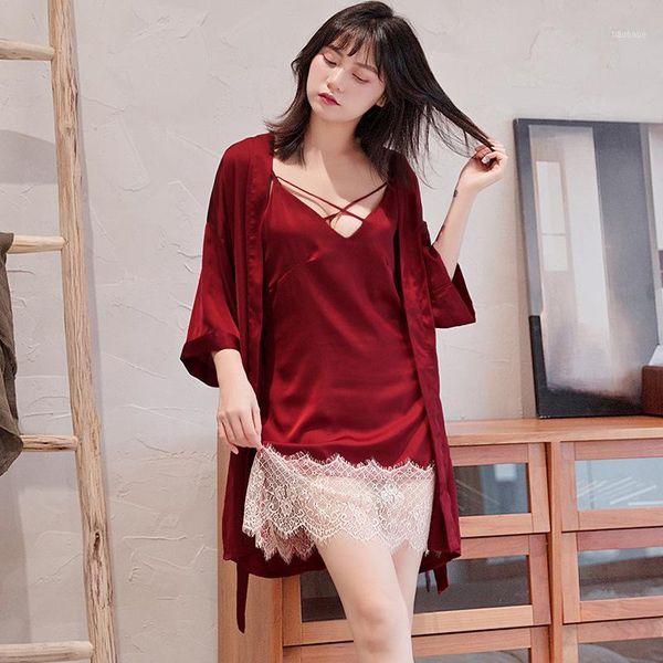 

womens night robe strap pajamas suit spring two piece sleepwear sets casual home wear nightwear sleep kimono bath gown1, Black;red