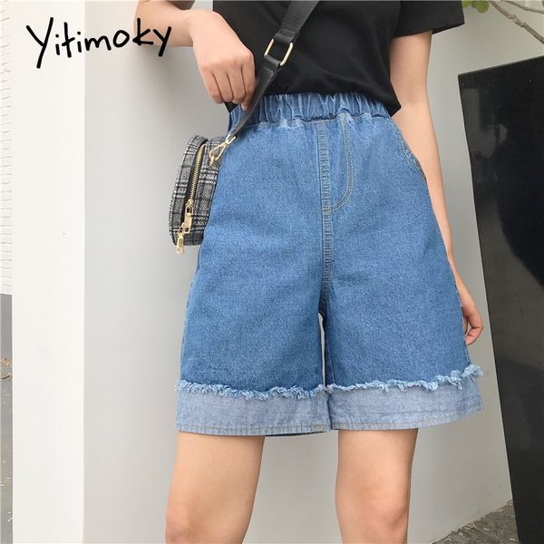 

denim shorts women plus size 5xl cuffs tassel spliced jean shorts women summer high waist solid elastic waist loose style y200822, White;black