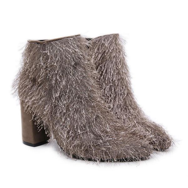 

high heels women snow boots autumn/winter 2020 pointed toe fringe ankle boot side zipper thick heel women snow boots shoes, Black
