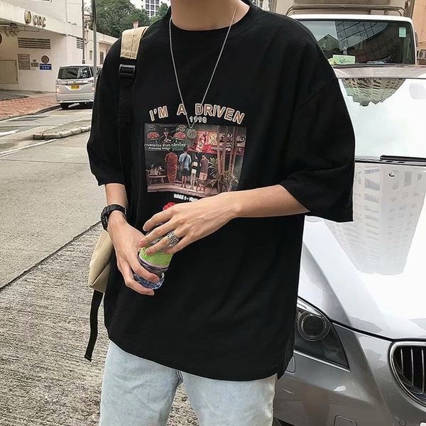 

loose korean short t-shirt harajuku ulzzang fashion men's half summer 5-minute sleeve, White;black