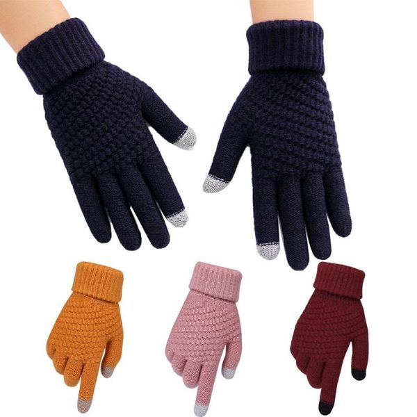 

five fingers gloves women winter solid color touch screen full finger woolen warm knitted, Blue;gray