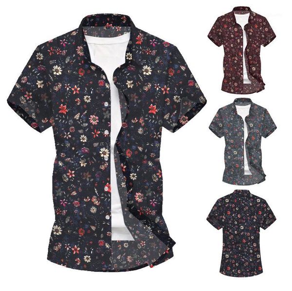 

new lapel men's shirt cotton and linen short sleeve fashion floral print shirt men's casual blouse1, White;black