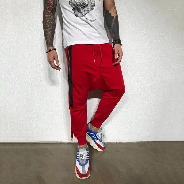 

chrleisure hip-hop casual drawstring trousers men fashion red street cross-pants men spring loose solid pants1, Black