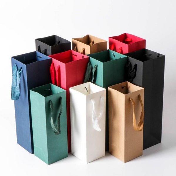 

solid wine paper bag with nylon ribbon gift packing box single double bottle bag portable wine oil bottle carrier package