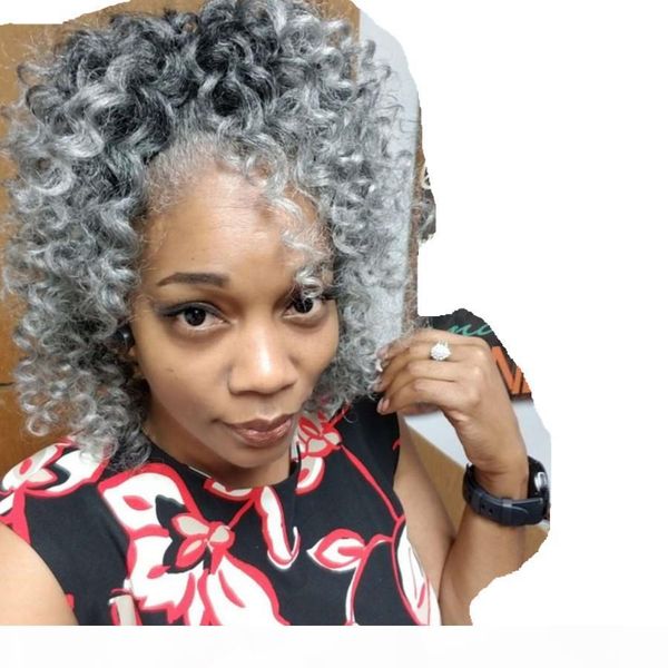 

custom natural curly ombre grey updo bun puff pony tail hairpiece drawstring clip in with two combs easy ponytail hair extension 120g, Black