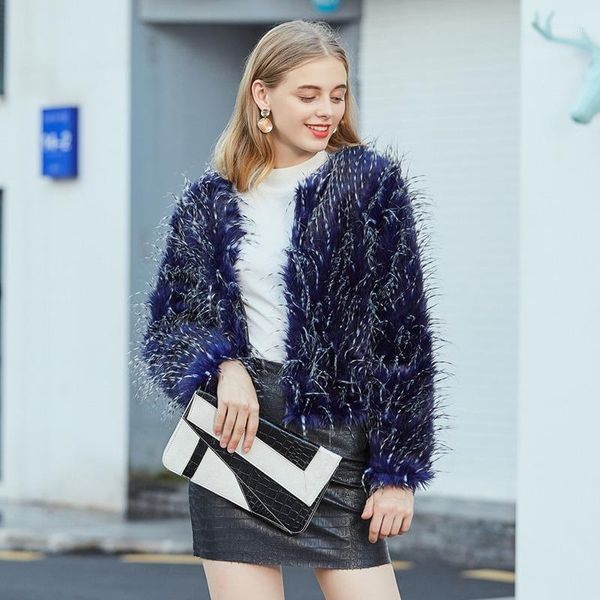 

faux fur coat women peacock blue female furry jacket fall 2020 winter shaggy artificial fur coat abrigo mujer kj9831, Black
