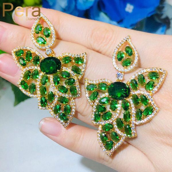 

dangle & chandelier pera 18k emerald green big leaf drop earrings with cubic zircon for luxury wedding banquet party women costume ear jewel, Silver