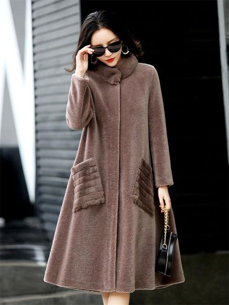 

mink real wool fur jacket fur collar jackets for women2021 oversized women's coats sheep shearing coat casaco de pele zjt648, Black