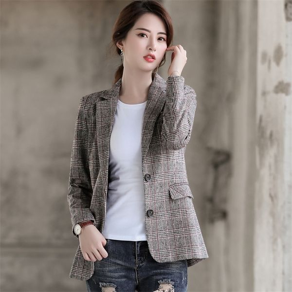 

autumn spring slim women blazer 2020 casual suit jacket single breasted korean style outwear chaquetas mujer print plaid lj201212, White;black